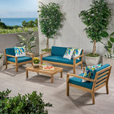 Santa Ana Outdoor 4 Seater Acacia  Wood Chat Set with Cushions, Wire Brushed Light Brown and Dark Teal Noble House