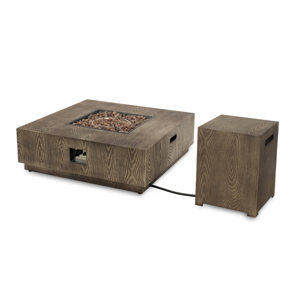Wellington Outdoor 40-Inch Square Fire Pit with Tank Holder, Brown Wood Pattern Noble House