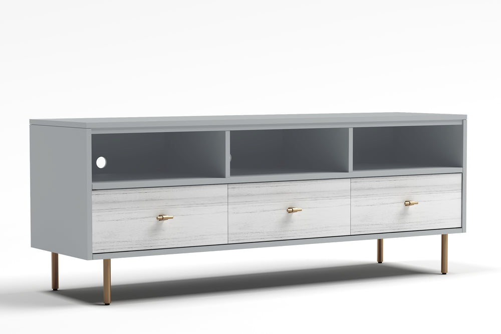 Saige Weathered White TV Console with Felt Lined Drawers & Open Shelves for Stylish Storage