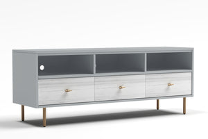 Saige Weathered White TV Console with Felt Lined Drawers & Open Shelves for Stylish Storage