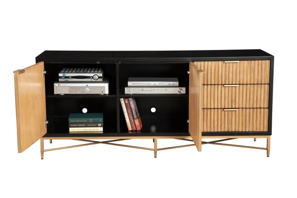 Larsen TV Console in Black & Natural - Stylish Mahogany with Gold Accents, Fully Assembled Beauty