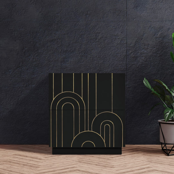 Turin Engineered Wood / Brass Mid Century Black Night Stand - 24" W x 18" D x 26" H