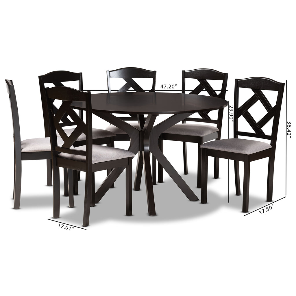 Carlin Modern Transitional Grey Fabric Upholstered and Dark Brown Finished Wood 7-Piece Dining Set