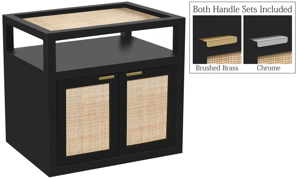 Cambria Natural Cane / Engineered Wood / Metal Mid Century Black Night Stand - 26" W x 18" D x 24" H