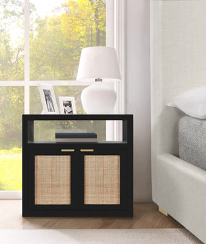 Cambria Natural Cane / Engineered Wood / Metal Mid Century Black Night Stand - 26" W x 18" D x 24" H