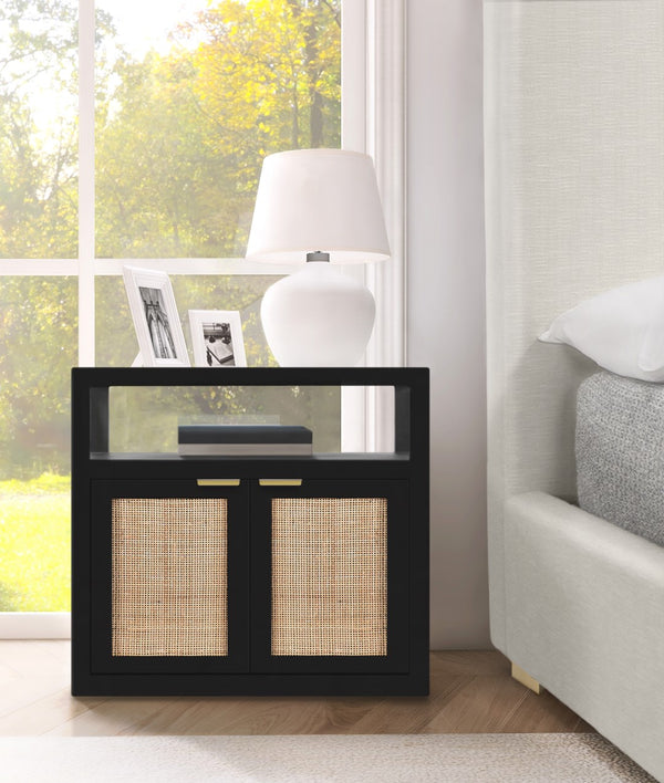 Cambria Natural Cane / Engineered Wood / Metal Mid Century Black Night Stand - 26" W x 18" D x 24" H