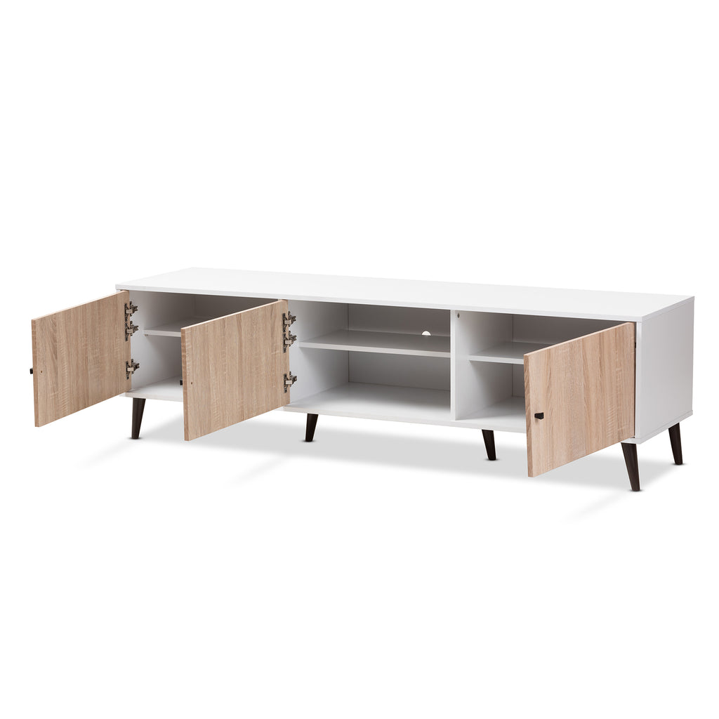 Bastien Mid Century Modern White and Light Oak 6 Shelf TV Stand