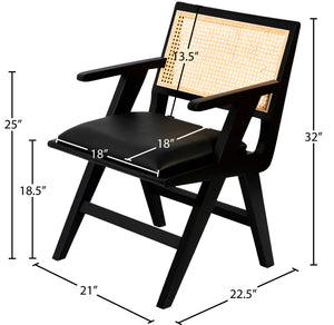 Abby Faux Leather / Mango Wood / Natural Cane / Foam Mid Century Black Faux Leather Dining Arm Chair - 21" W x 22.5" D x 32" H