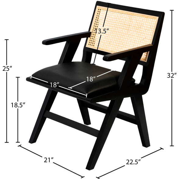 Abby Faux Leather / Mango Wood / Natural Cane / Foam Mid Century Black Faux Leather Dining Arm Chair - 21" W x 22.5" D x 32" H