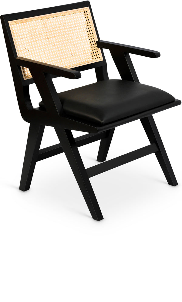 Abby Faux Leather / Mango Wood / Natural Cane / Foam Mid Century Black Faux Leather Dining Arm Chair - 21" W x 22.5" D x 32" H