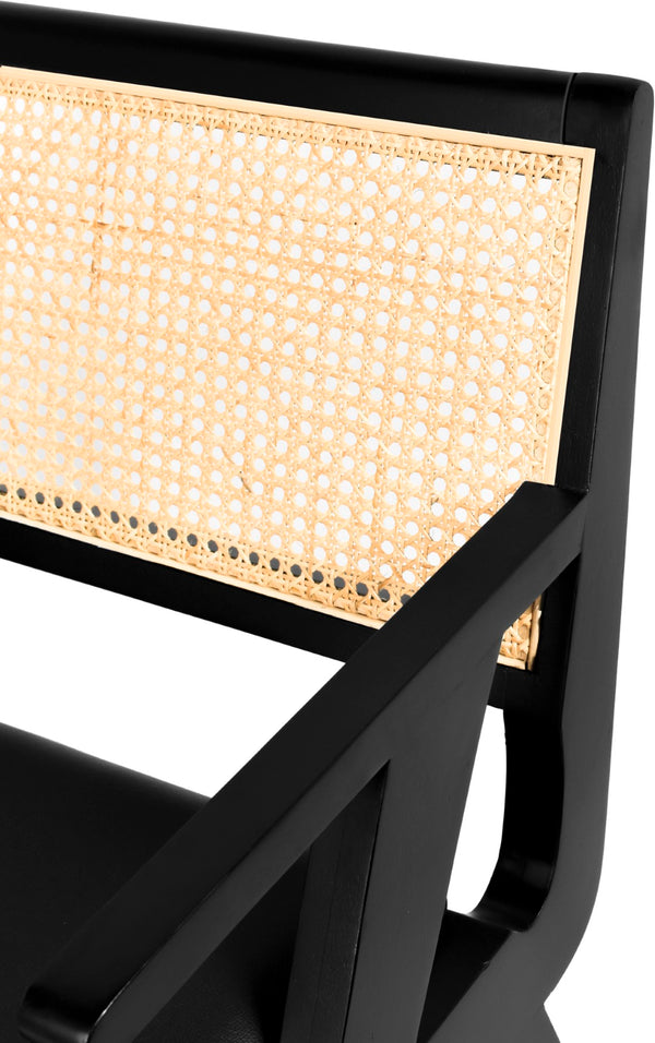 Abby Faux Leather / Mango Wood / Natural Cane / Foam Mid Century Black Faux Leather Dining Arm Chair - 21" W x 22.5" D x 32" H