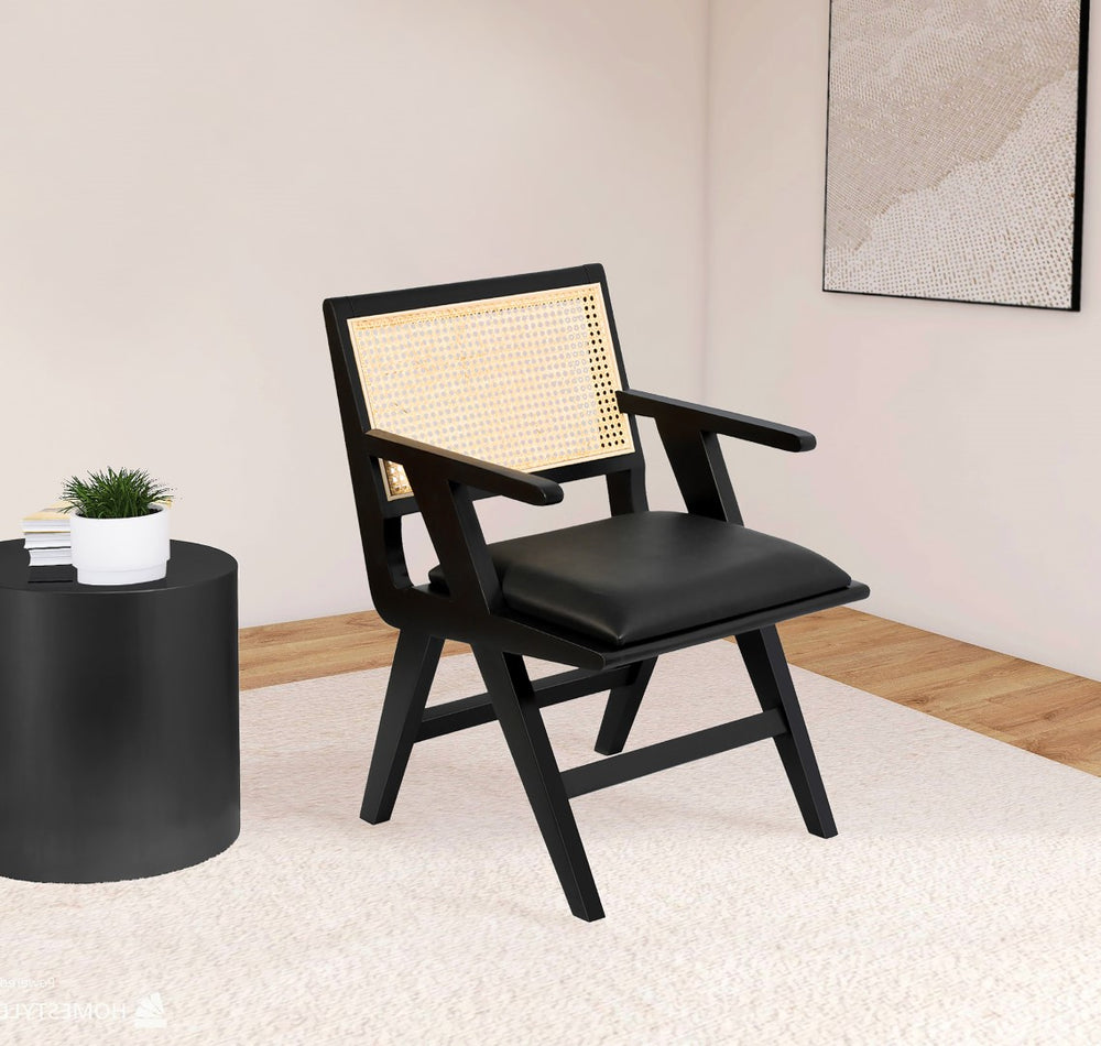 Abby Faux Leather / Mango Wood / Natural Cane / Foam Mid Century Black Faux Leather Dining Arm Chair - 21" W x 22.5" D x 32" H