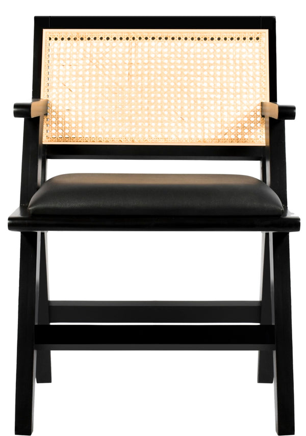 Abby Faux Leather / Mango Wood / Natural Cane / Foam Mid Century Black Faux Leather Dining Arm Chair - 21" W x 22.5" D x 32" H