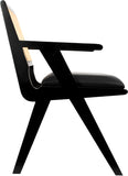 Abby Faux Leather / Mango Wood / Natural Cane / Foam Mid Century Black Faux Leather Dining Arm Chair - 21" W x 22.5" D x 32" H