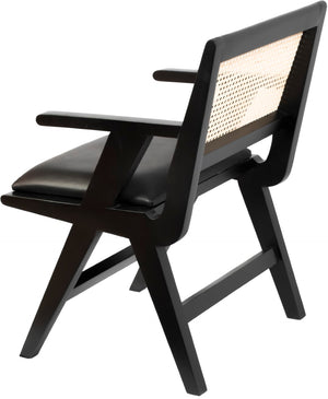 Abby Faux Leather / Mango Wood / Natural Cane / Foam Mid Century Black Faux Leather Dining Arm Chair - 21" W x 22.5" D x 32" H