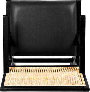 Abby Faux Leather / Mango Wood / Natural Cane / Foam Mid Century Black Faux Leather Dining Arm Chair - 21" W x 22.5" D x 32" H