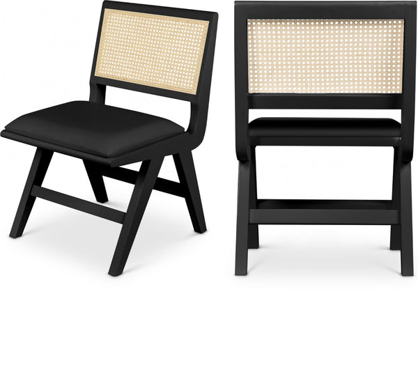 Abby Faux Leather / Mango Wood / Natural Cane / Foam Mid Century Black Faux Leather Dining Side Chair - 21" W x 22.5" D x 32" H