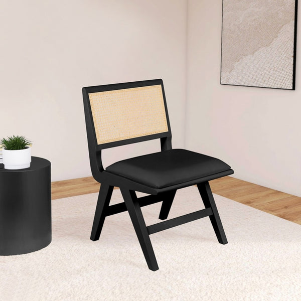 Abby Faux Leather / Mango Wood / Natural Cane / Foam Mid Century Black Faux Leather Dining Side Chair - 21" W x 22.5" D x 32" H