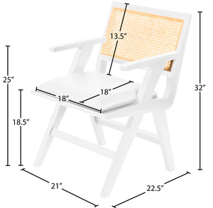 Abby Faux Leather / Mango Wood / Natural Cane / Foam Mid Century White Faux Leather Dining Arm Chair - 21" W x 22.5" D x 32" H