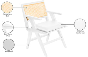 Abby Faux Leather / Mango Wood / Natural Cane / Foam Mid Century White Faux Leather Dining Arm Chair - 21" W x 22.5" D x 32" H