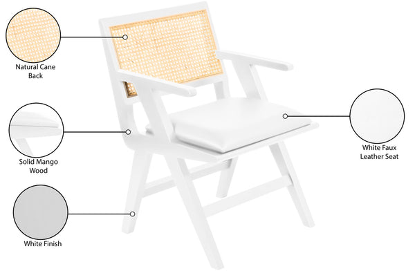 Abby Faux Leather / Mango Wood / Natural Cane / Foam Mid Century White Faux Leather Dining Arm Chair - 21" W x 22.5" D x 32" H