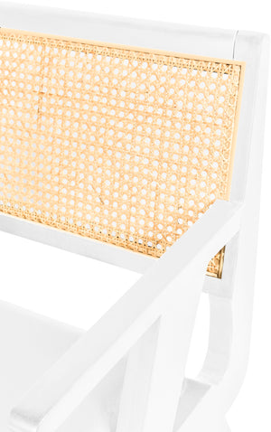 Abby Faux Leather / Mango Wood / Natural Cane / Foam Mid Century White Faux Leather Dining Arm Chair - 21" W x 22.5" D x 32" H