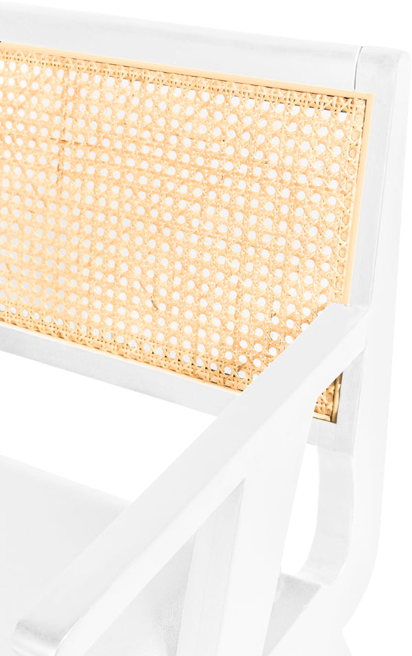 Abby Faux Leather / Mango Wood / Natural Cane / Foam Mid Century White Faux Leather Dining Arm Chair - 21" W x 22.5" D x 32" H