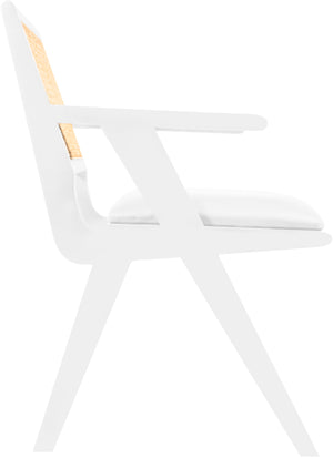 Abby Faux Leather / Mango Wood / Natural Cane / Foam Mid Century White Faux Leather Dining Arm Chair - 21" W x 22.5" D x 32" H