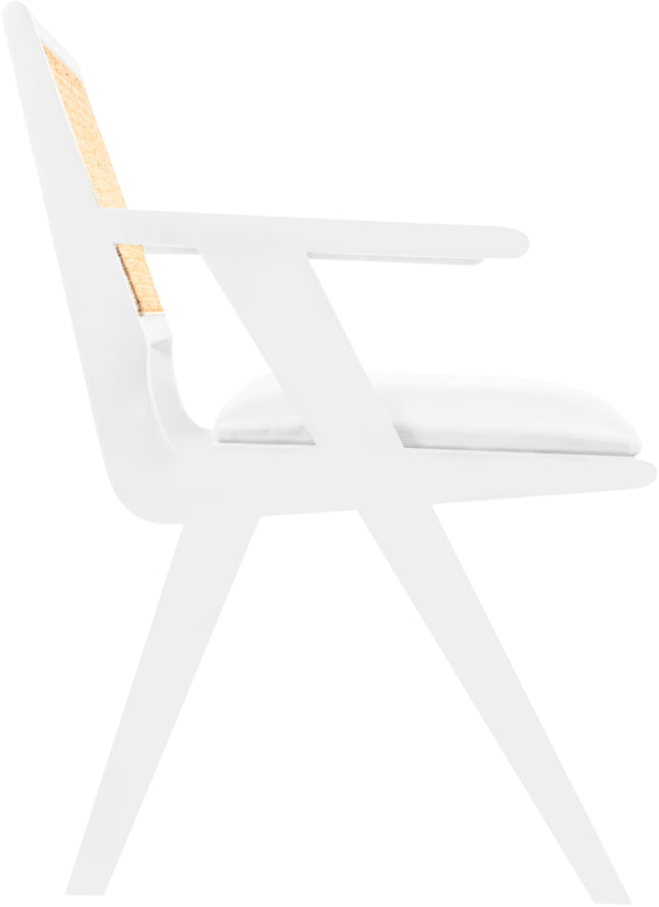 Abby Faux Leather / Mango Wood / Natural Cane / Foam Mid Century White Faux Leather Dining Arm Chair - 21" W x 22.5" D x 32" H