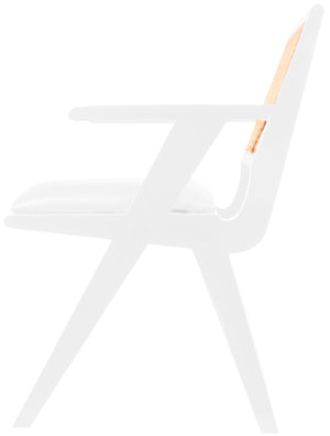 Abby Faux Leather / Mango Wood / Natural Cane / Foam Mid Century White Faux Leather Dining Arm Chair - 21" W x 22.5" D x 32" H
