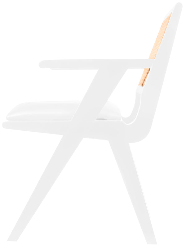 Abby Faux Leather / Mango Wood / Natural Cane / Foam Mid Century White Faux Leather Dining Arm Chair - 21" W x 22.5" D x 32" H