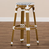 Baxton Studio Joelle Classic French Indoor and Outdoor Navy and White Bamboo Style Stackable Bistro Bar Stool 