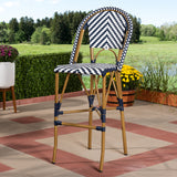 Baxton Studio Ilene Classic French Indoor and Outdoor White and Blue Bamboo Style Stackable Bistro Bar Stool 