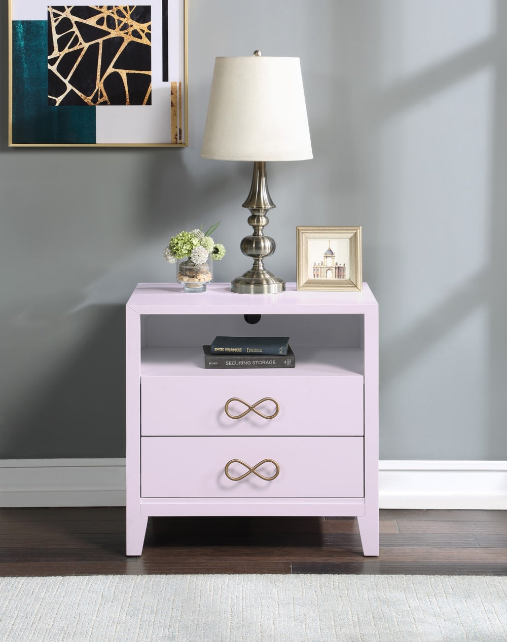Bowtie Rubberwood / Metal Contemporary Pink / Gold Night Stand - 26" W x 18" D x 26" H