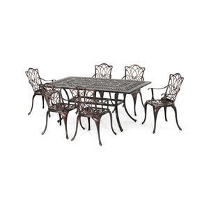 Noble House Tucson Outdoor 6-Seater Cast Aluminum Rectangular-Table Dining Set, Shiny Copper