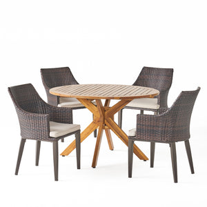 Noble House Ryan Outdoor 5 Piece Multibrown Wicker Round Dining Set with Teak Finished Acacia Wood Table and Light Brown Water Resistant Cushions