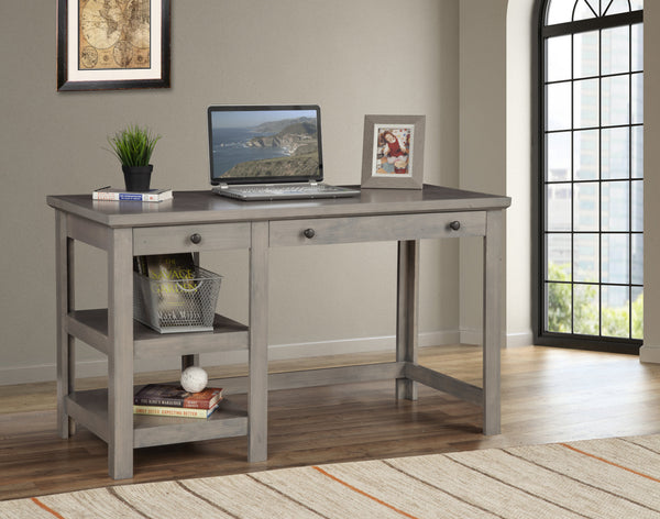 Ashville Desk in Smokey Grey - Spacious Workspace with Two Drawers & Open Shelves for Home Office