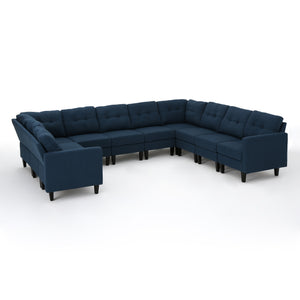 Emmie Mid Century Modern 10 Piece Navy Blue Fabric U-Shaped Sectional Sofa