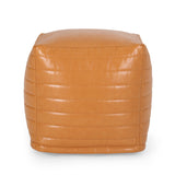 Baddow Contemporary Faux Leather Channel Stitch Cube Pouf, Caramel Noble House
