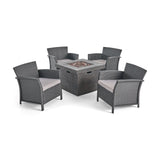 St. Lucia Outdoor 4 Piece Wicker Club Chair Chat Set with Fire Pit, Gray and Silver Noble House