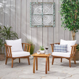 Barton Outdoor Acacia Wood 2 Seater Club Chairs and Side Table Set, Teak and White Noble House