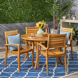 Noble House Wells Outdoor 4-Seater Round Acacia Wood Dining Set, Teak Finish