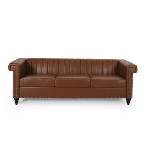 Drury Contemporary Channel Stitch 3 Seater Sofa with Nailhead Trim, Cognac Brown and Dark Brown Noble House