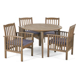 Casa Acacia Patio Dining Set, 4-Seater, 47" Round Table with Straight Legs, Gray Finish, Dark Gray Outdoor Cushions Noble House