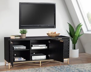 Black Pearl Media Console - Stylish Storage with Textured Fronts, Gold Accents & Mahogany Finish