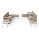 Cape Coral Outdoor 6 Seater Aluminum Sofa and Ottoman Set with Side Tables