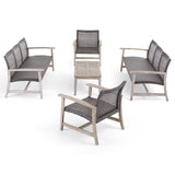 Hampton Outdoor 5 Piece Wood and Wicker Sofa Chat Set, Mixed Black Noble House