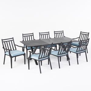 Noble House Delmar Outdoor 9 Piece Dining Set with Expandable Table, Light Teal and Black