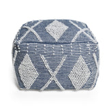 Brinket Large Contemporary Handcrafted Faux Yarn Square Pouf, Ivory and Navy Blue Noble House
