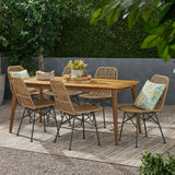 Noble House Sawtelle Outdoor 6 Seater Wicker Dining Set, Teak and Light Brown